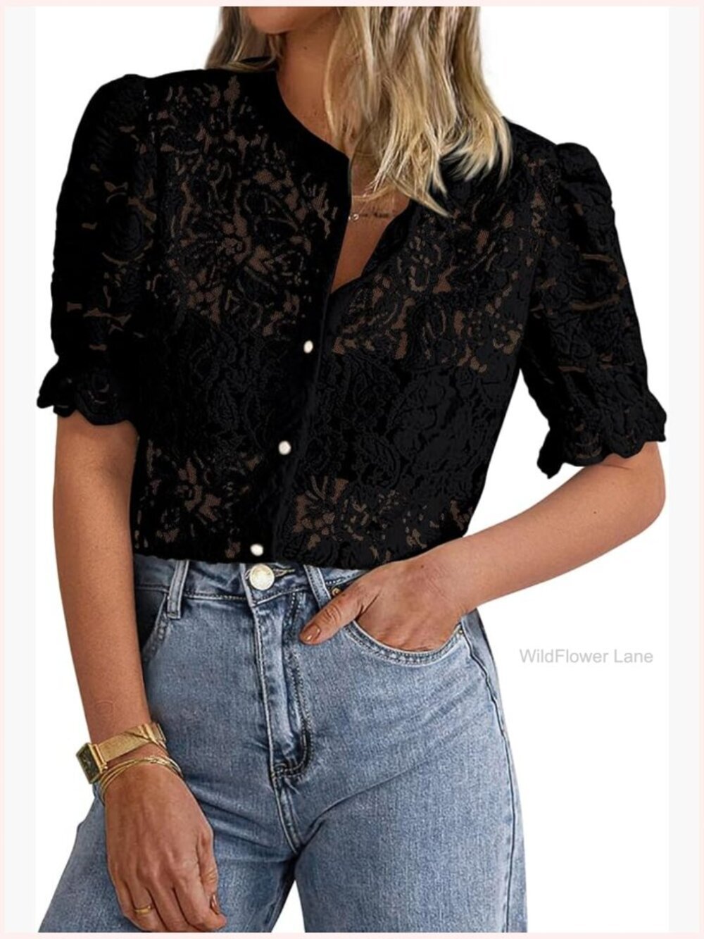 Lace Puff Sleeve Button Down Blouse Crew Neck Casual Dressy Top